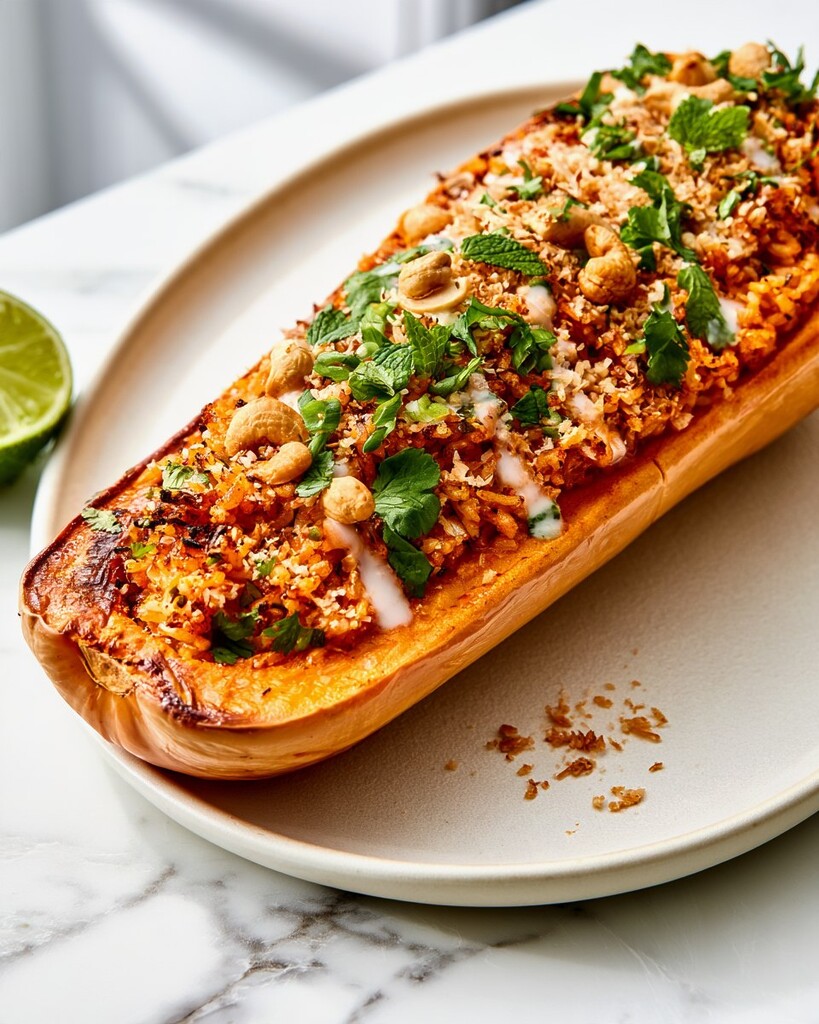 Oval plate displaying a stuffed butternut squash boat surrounded by loose cashews and toasted edges