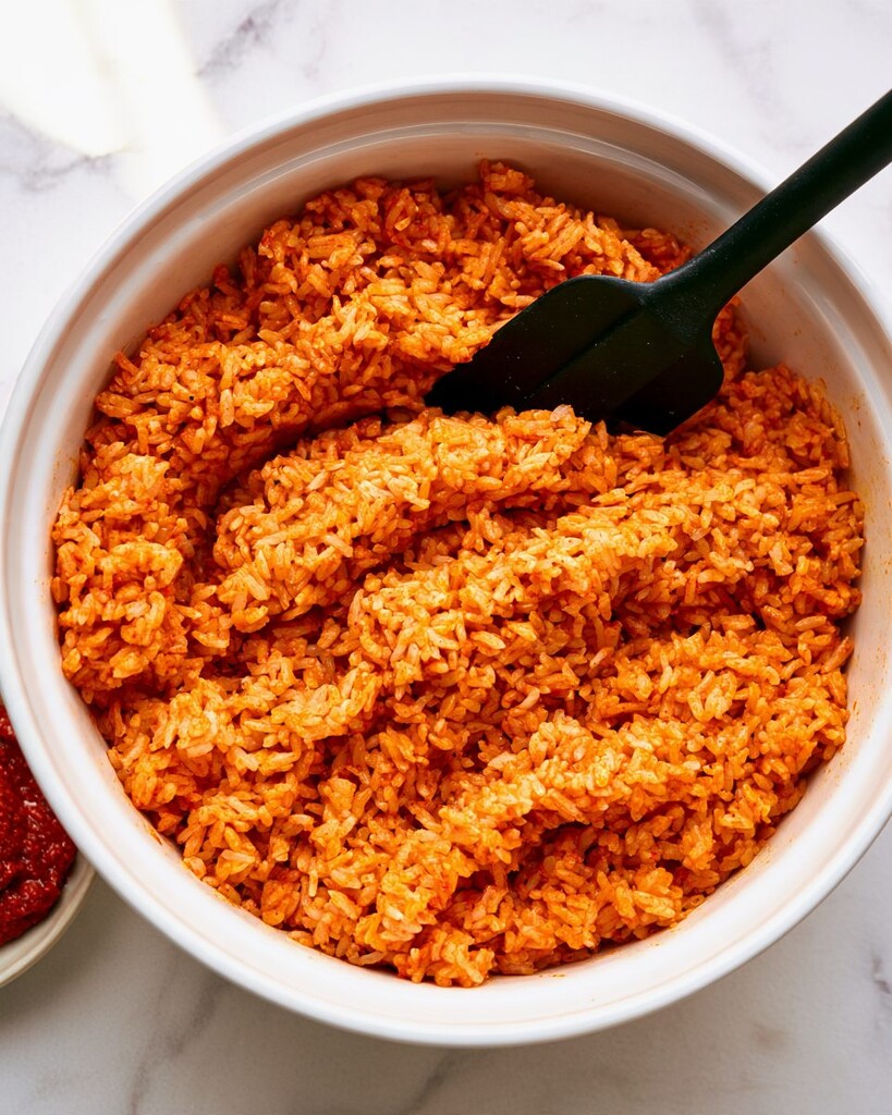 Red-orange curry rice being stirred with a black spoon inside a white bowl
