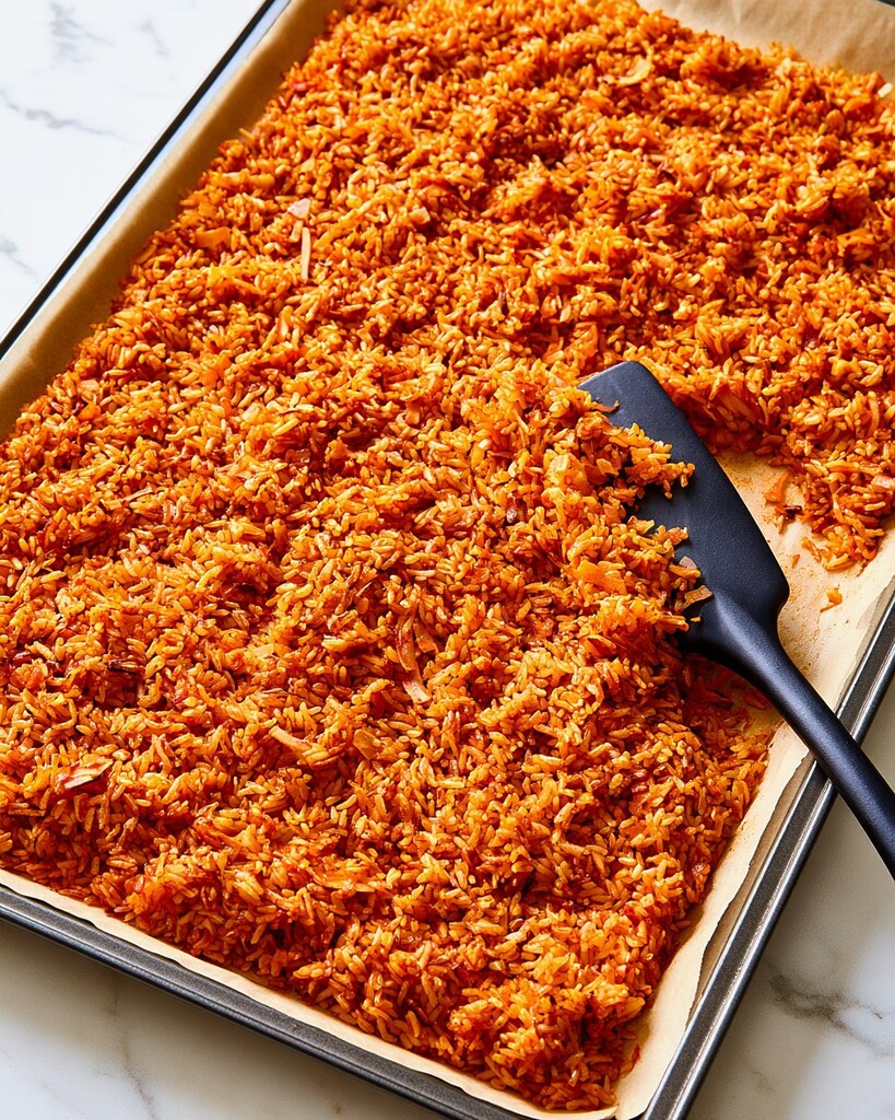 Crispy orange-red rice spread evenly on a parchment-lined baking sheet