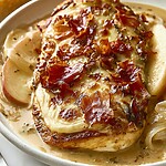 Apple cider and Dijon smothered chicken served on a plate with creamy sauce, browned apples, and crispy prosciutto