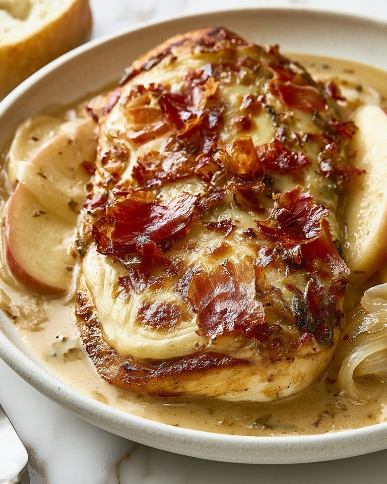 Apple cider and Dijon smothered chicken served on a plate with creamy sauce, browned apples, and crispy prosciutto