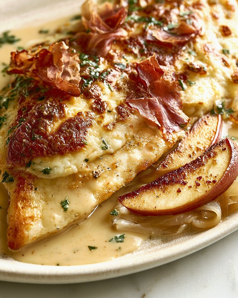 Skillet of apple cider smothered chicken covered in melted Gruyere cheese and crispy prosciutto