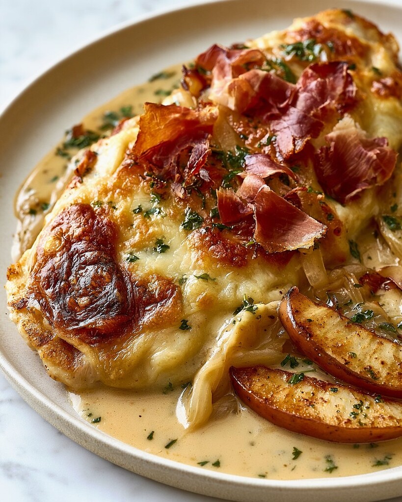 A single chicken cutlet with melted cheese and caramelized apples resting on a plate