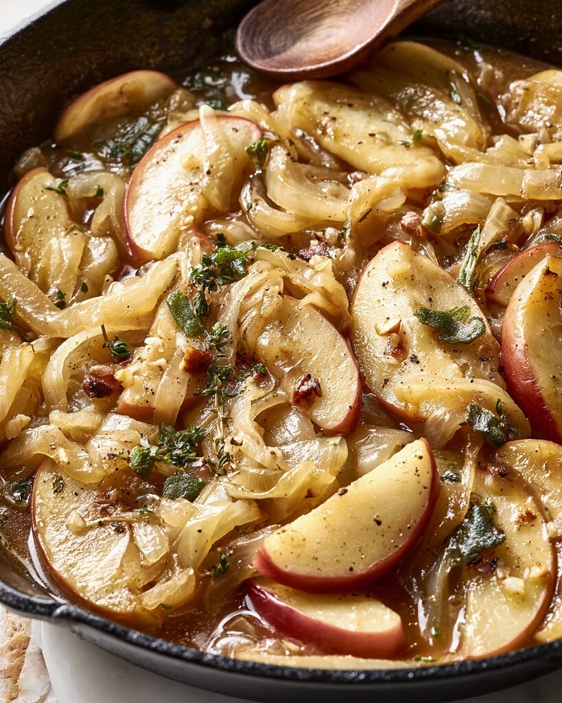 Apple and onion slices cooking in a skillet with fresh herbs