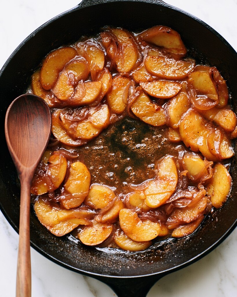 Deeply browned apple and onion slices coated in pan juices