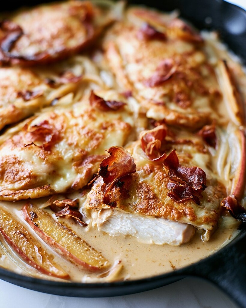 Chicken cutlets topped with grated Gruyere cheese simmering in sauce alongside apples
