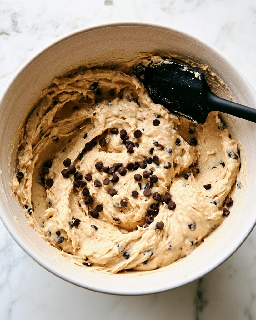 Thick muffin batter mixed inside a bowl with mini chocolate chips and a rubber spatula