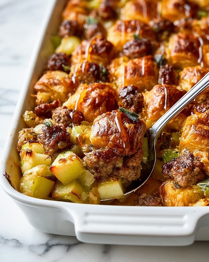 Croissant stuffing served hot in a white baking dish topped with crispy sage and hot honey