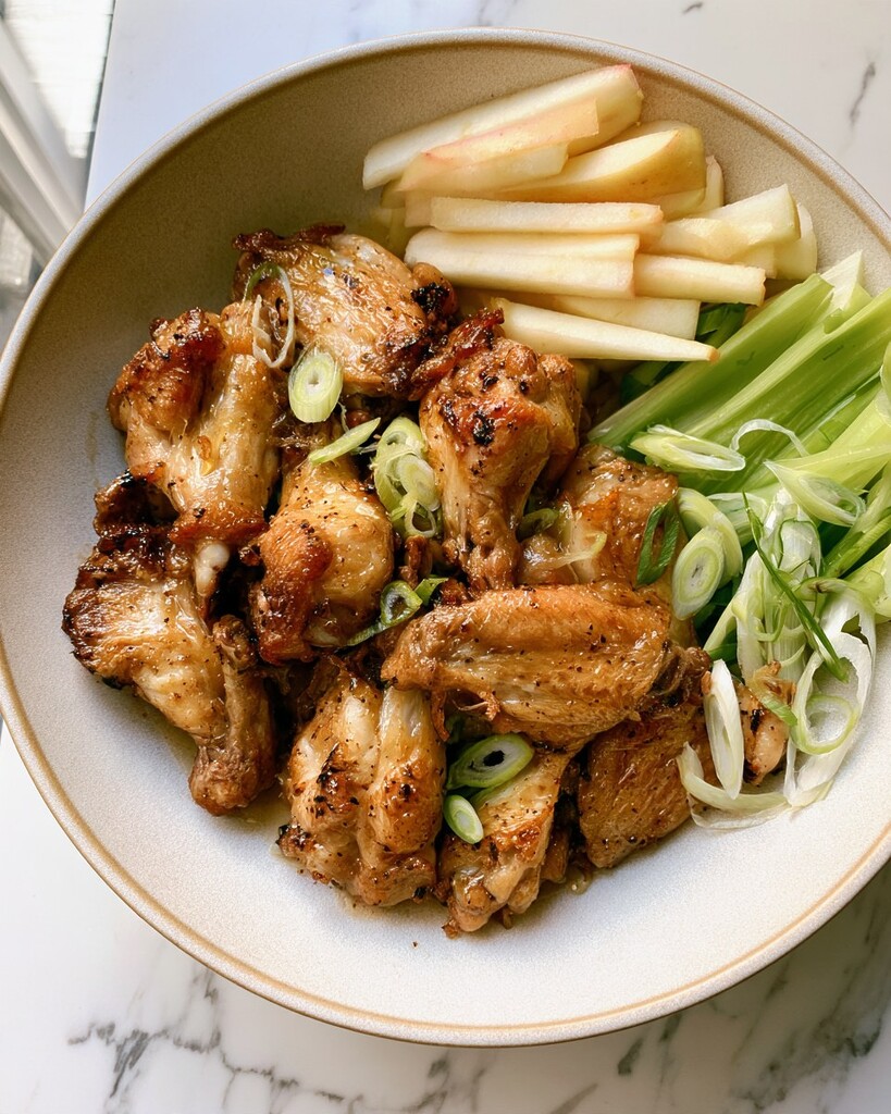 Hot honey cider wings served on a plate with fresh apple, celery, and green onions