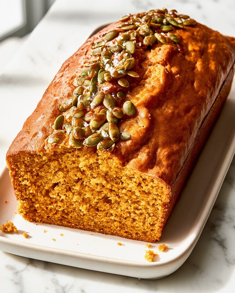 A whole pumpkin bread with maple-candied pepitas showing a golden crust and orange crumb on a serving plate