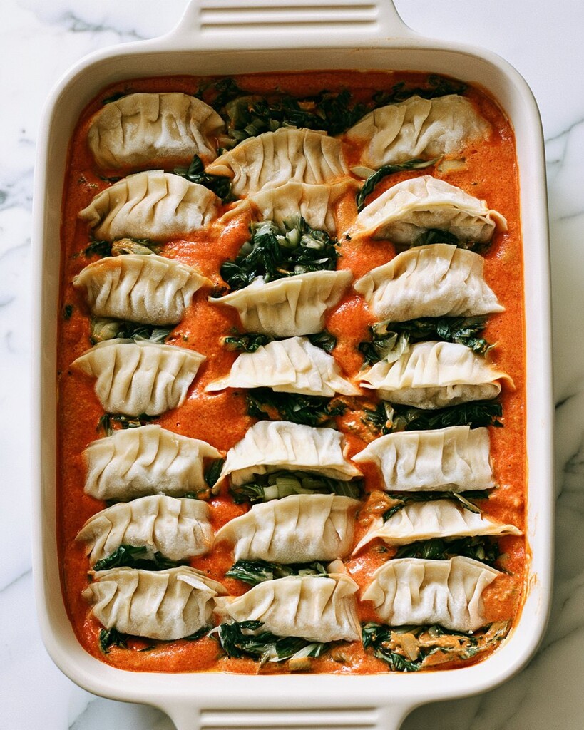 Frozen dumplings arranged over chopped baby bok choy in a baking dish, bottoms submerged in red curry broth