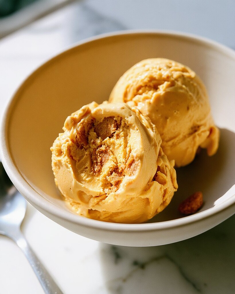 Two scoops of golden pumpkin ice cream showing brown cookie pieces mixed throughout