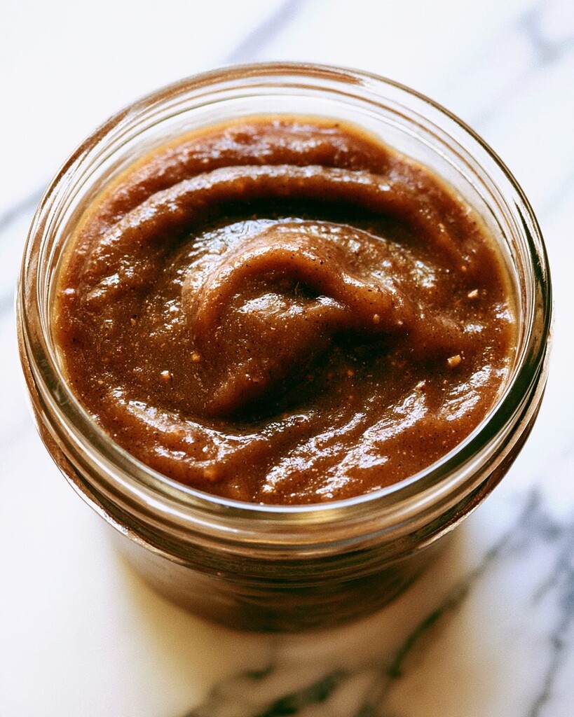 Thick vanilla bean apple butter filling a glass jar with visible swirls on the surface