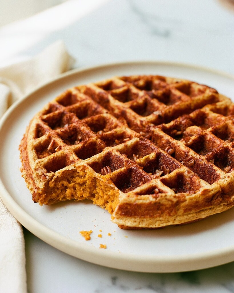 The soft interior texture of a golden pumpkin oat waffle with a bitten edge