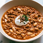 Close-up of chipotle pumpkin turkey chili topped with crema, pumpkin seeds, and cilantro