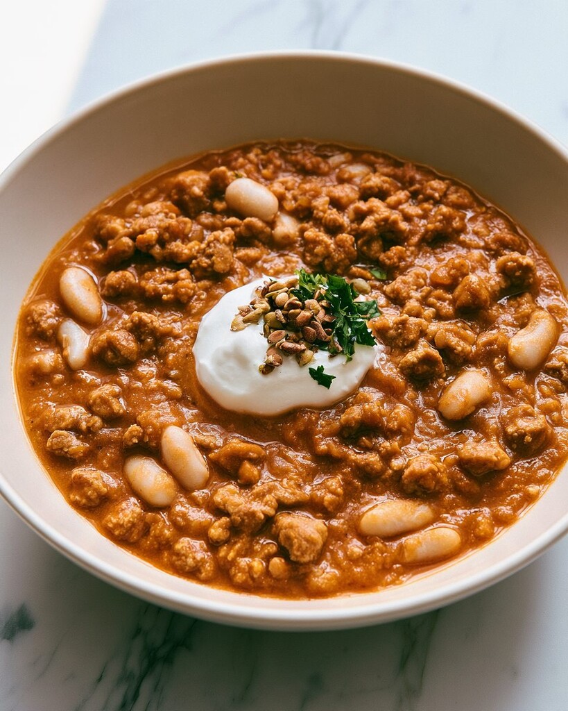 Close-up of chipotle pumpkin turkey chili topped with crema, pumpkin seeds, and cilantro