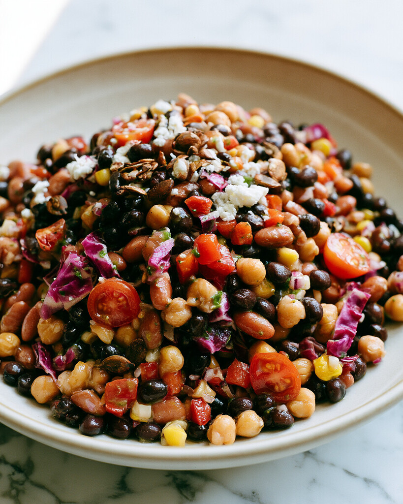 Plated portion of bean salad with cabbage, tomatoes, and pumpkin seeds on a ceramic plate