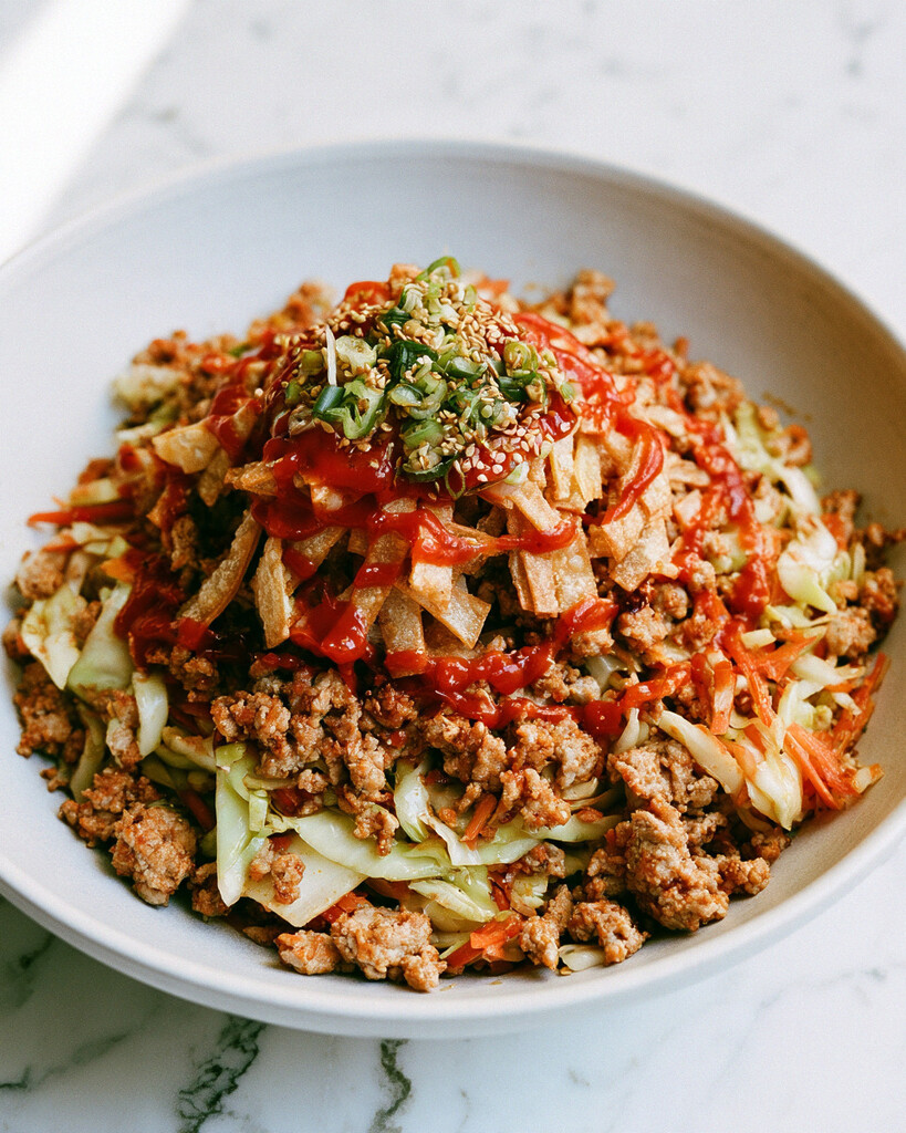 A shallow bowl filled with warm egg roll mixture topped with crispy wontons, green onions, and sriracha