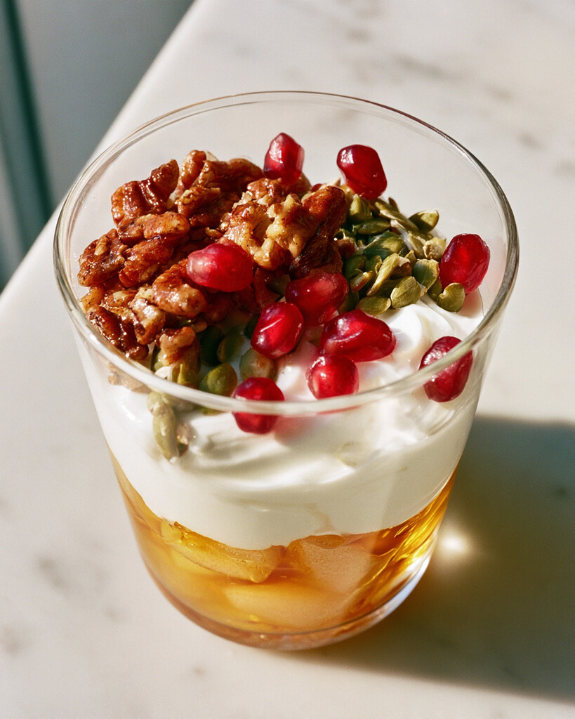 A final spiced pear and brown butter yogurt parfait ready to eat
