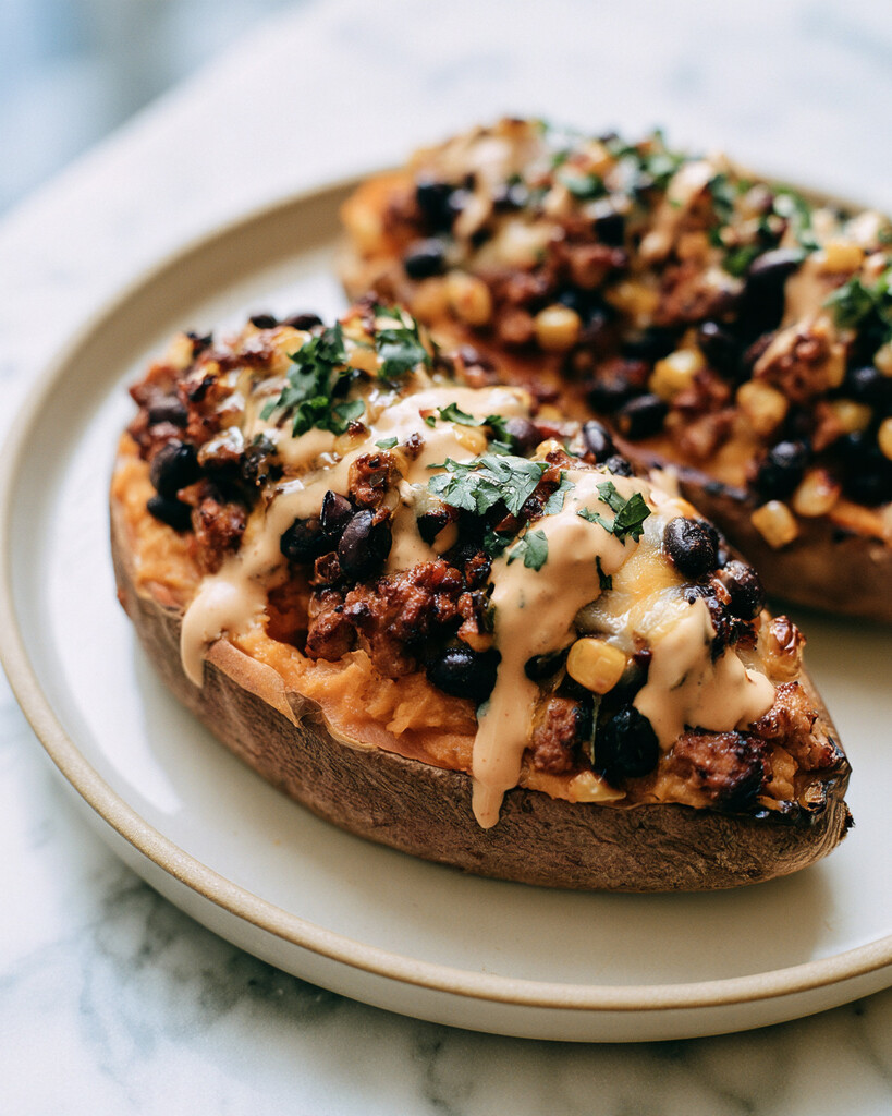 Close-up of Southwest turkey stuffed sweet potato topped with chipotle crema and fresh cilantro
