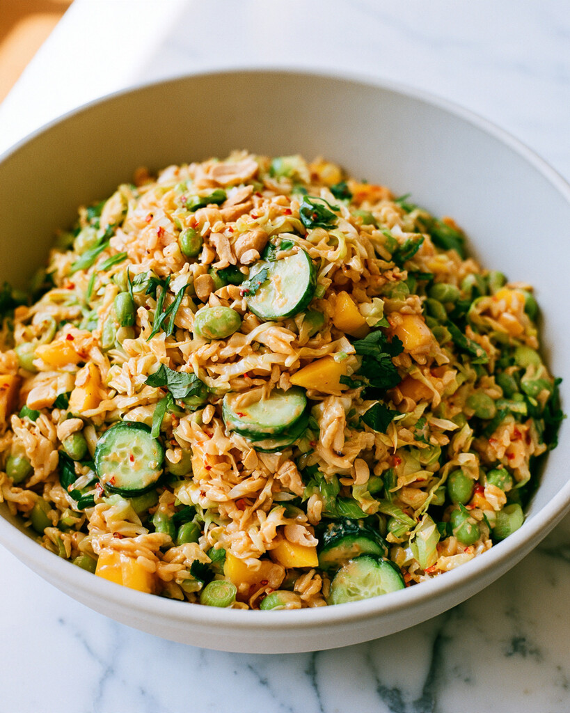 Deep bowl of crispy rice salad topped with mango, cucumber, and fresh cilantro