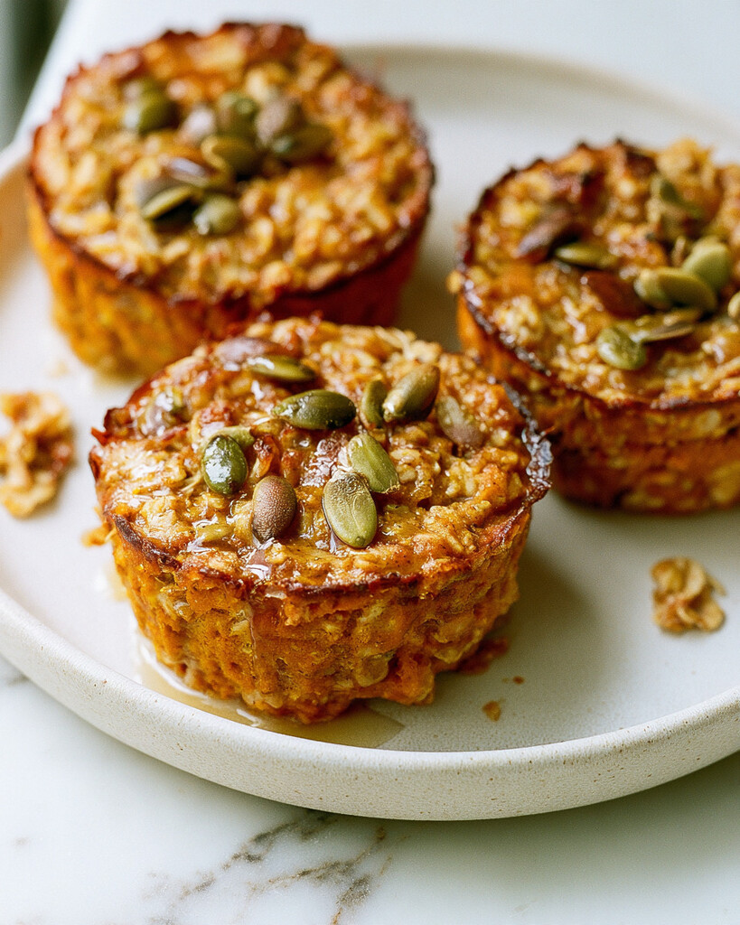 Firm pumpkin baked oatmeal cups served on a ceramic plate with browned edges and shiny pumpkin seeds