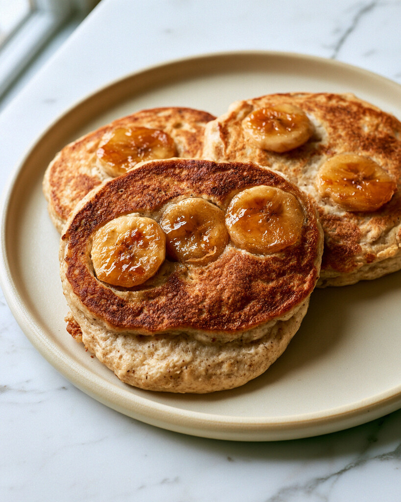 Four caramelized oat pancakes arranged on a plate showing thick golden surfaces and browned fruit
