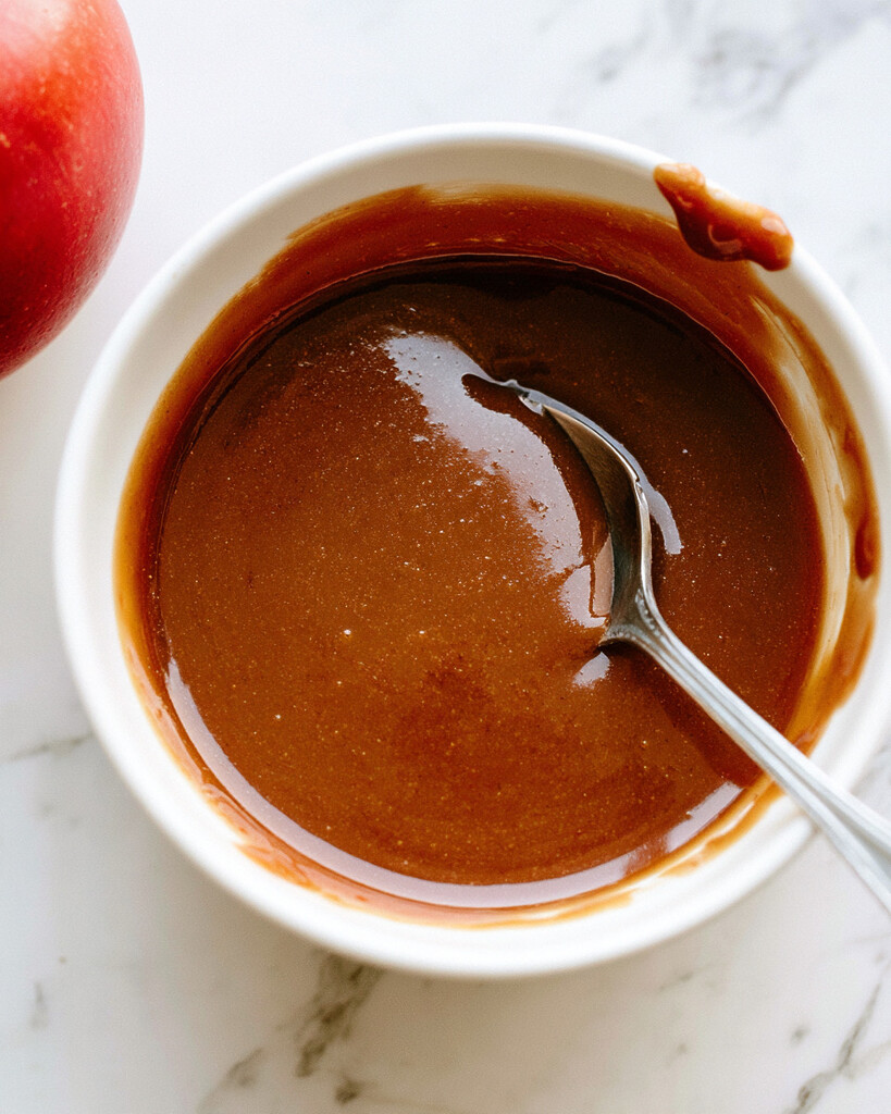 Smooth brown date caramel sauce in a small white bowl with a metal spoon