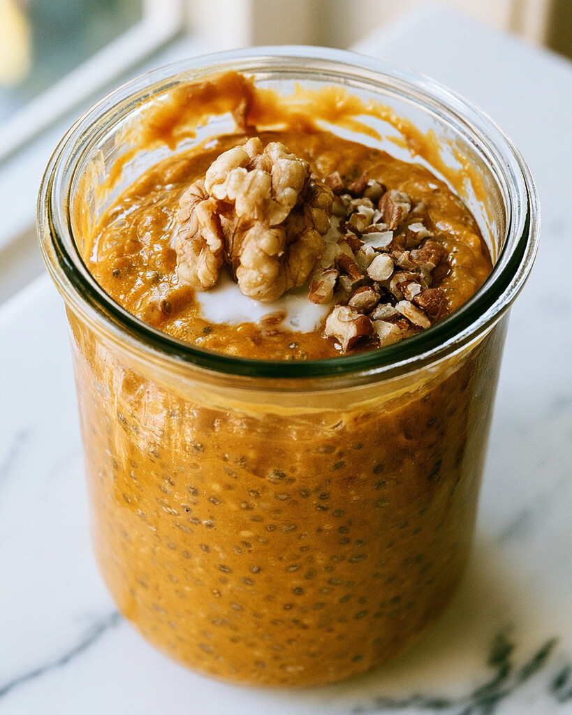 Decorating a glass jar of thick orange chia pudding with coconut cream and chopped nuts