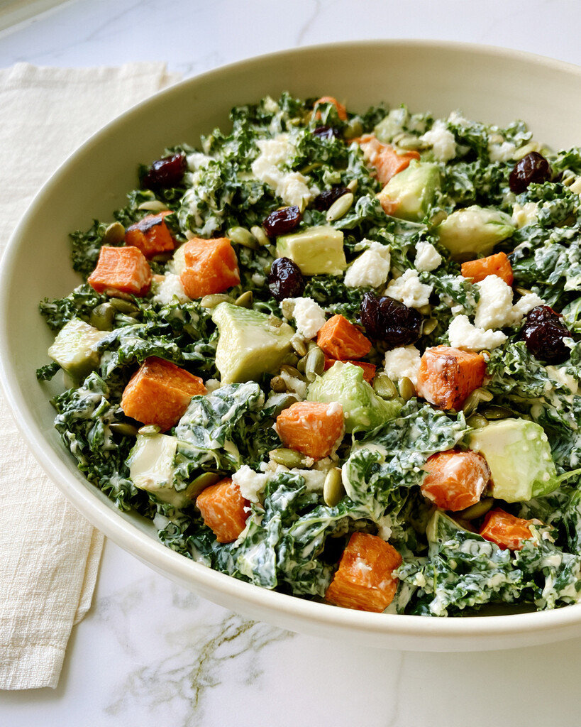 Tossed kale salad with roasted sweet potatoes, avocado, and dried cherries in a wide serving bowl