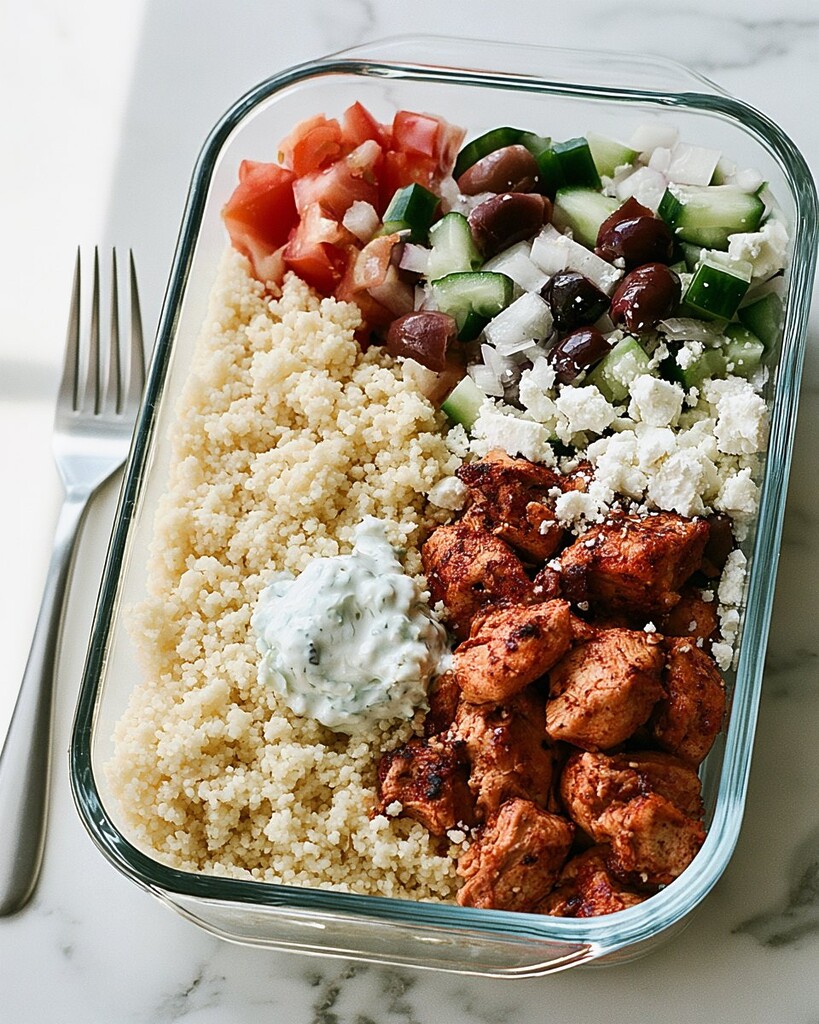 Glass container holding a serving of spiced chicken, couscous, chopped vegetable salad, and a dollop of tzatziki