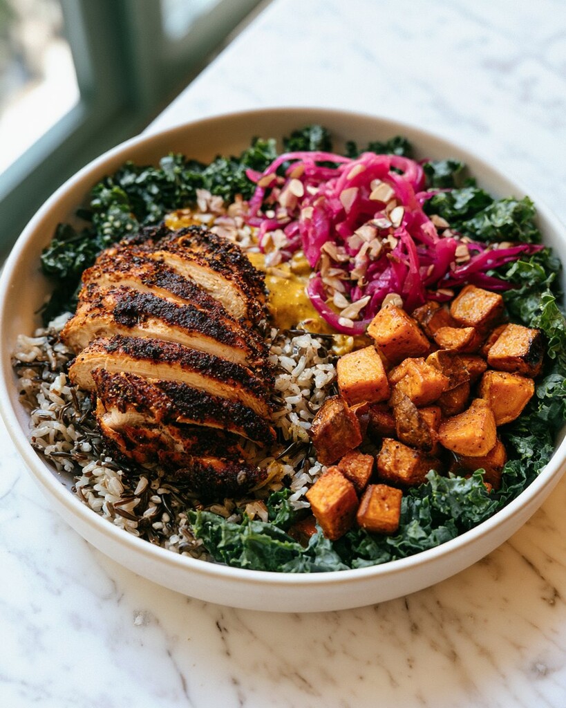 A finished blackened chicken and sweet potato bowl highlighting wild rice, kale, and bright pink pickled onions