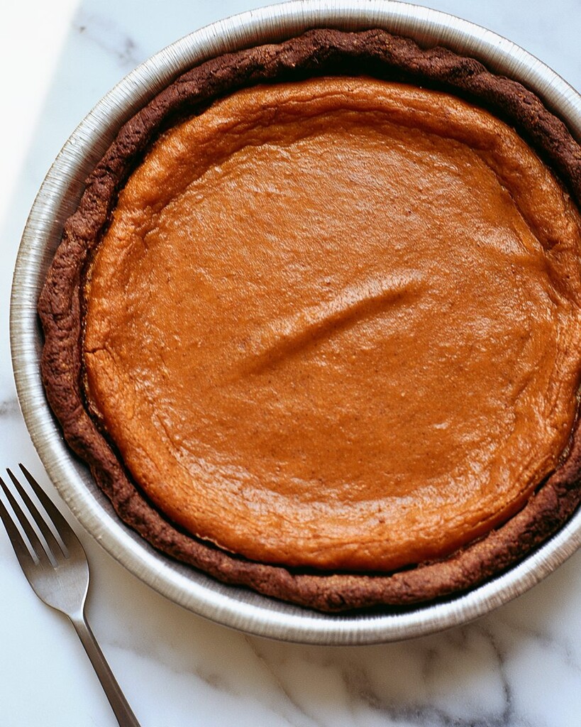 Baked sweet potato pie with smooth orange filling in a metal pie dish