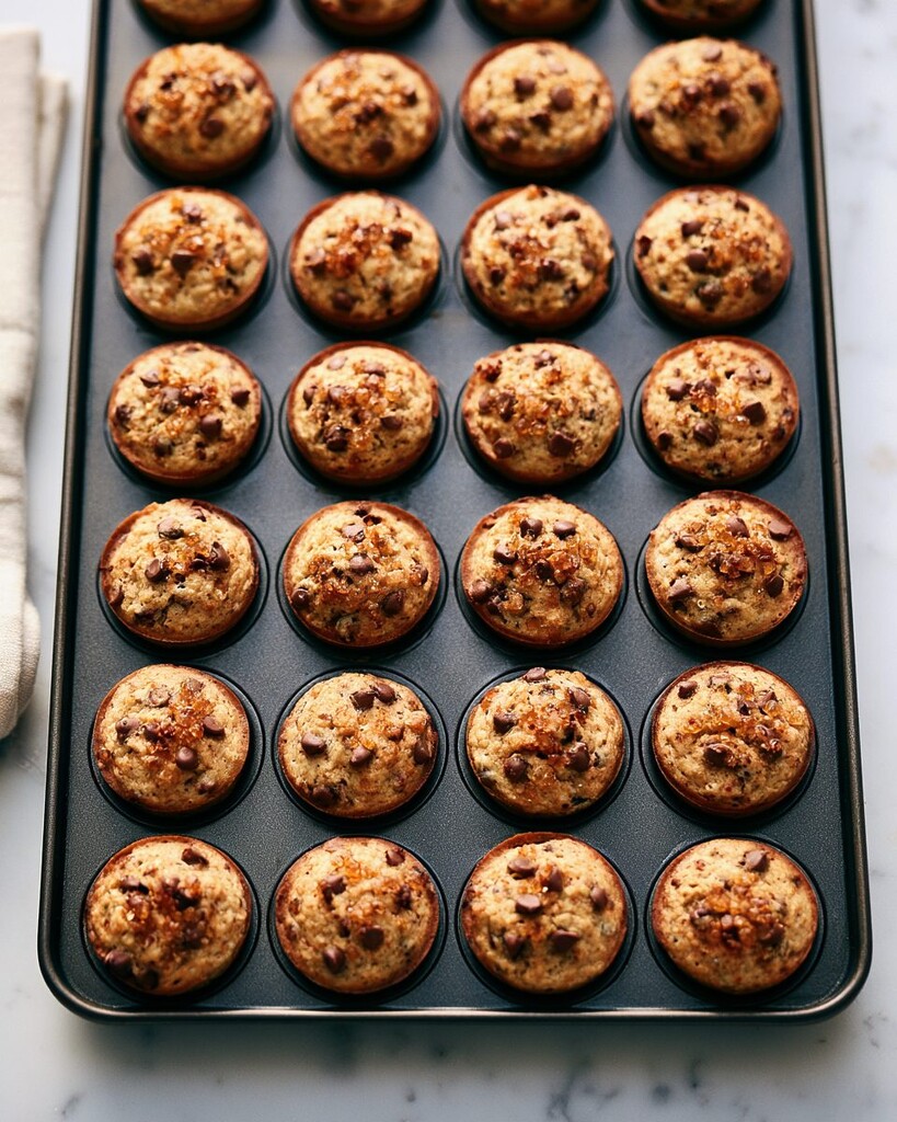 Baked mini muffins resting in a small pan showing tall puffed domes and crunchy sugar tops