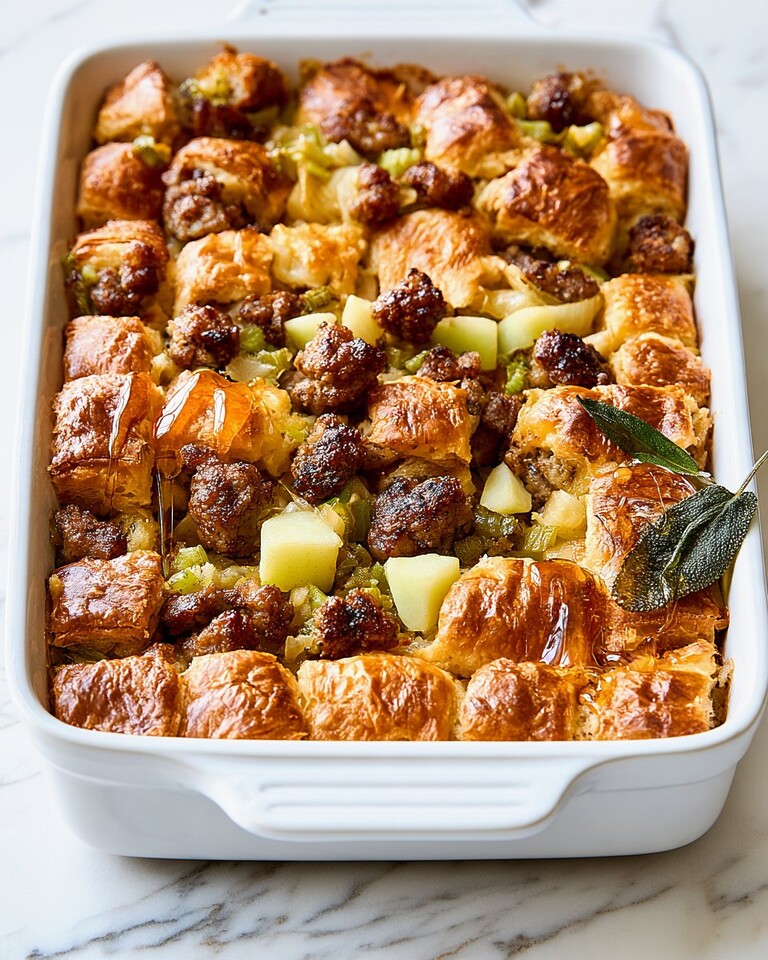 Close-up of baked croissant stuffing with golden crispy pieces and browned sausage topped with a hot honey drizzle
