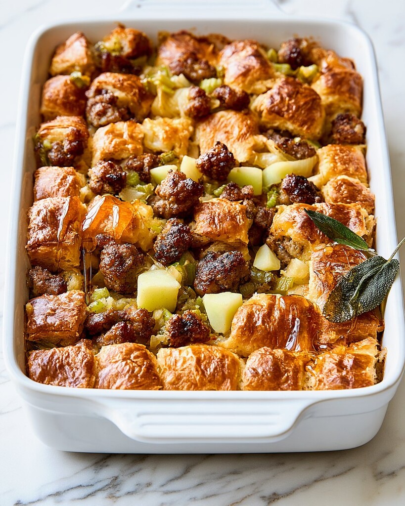 Close-up of baked croissant stuffing with golden crispy pieces and browned sausage topped with a hot honey drizzle