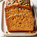 Slices of pumpkin bread with maple-candied pepitas arranged on a plate showing the textured seed topping