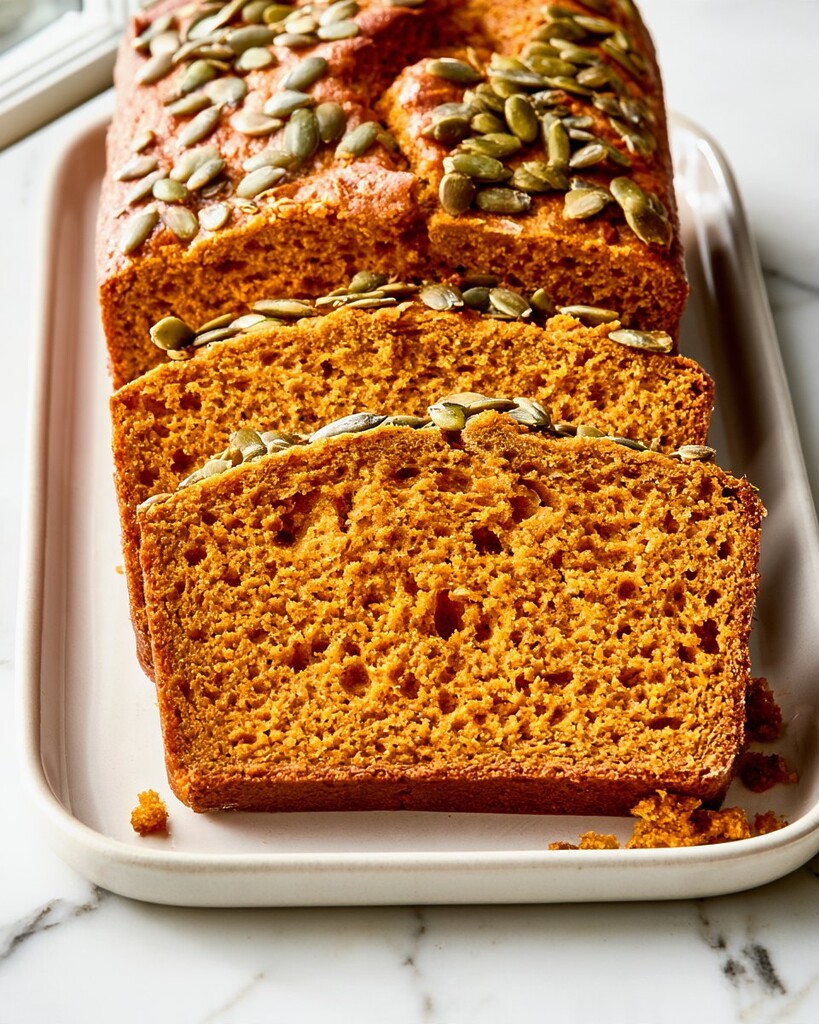 Slices of pumpkin bread with maple-candied pepitas arranged on a plate showing the textured seed topping