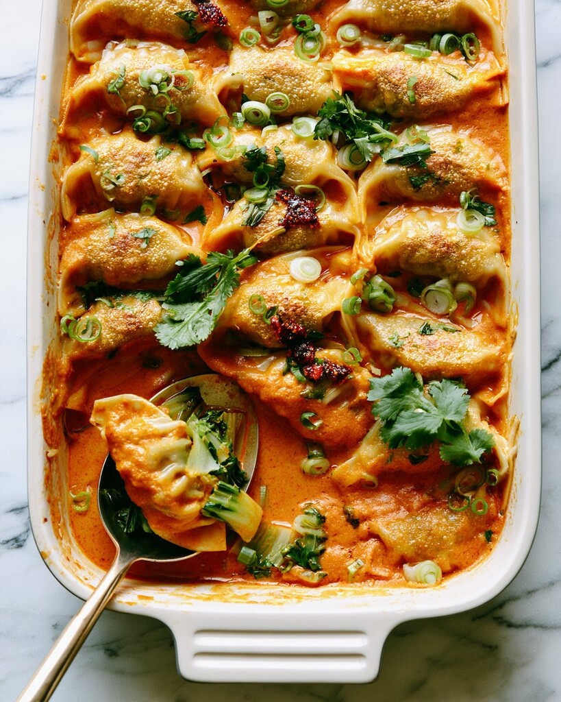 Baked red curry dumplings in a roasting pan with deeply browned crispy tops, garnished with sliced scallions and cilantro