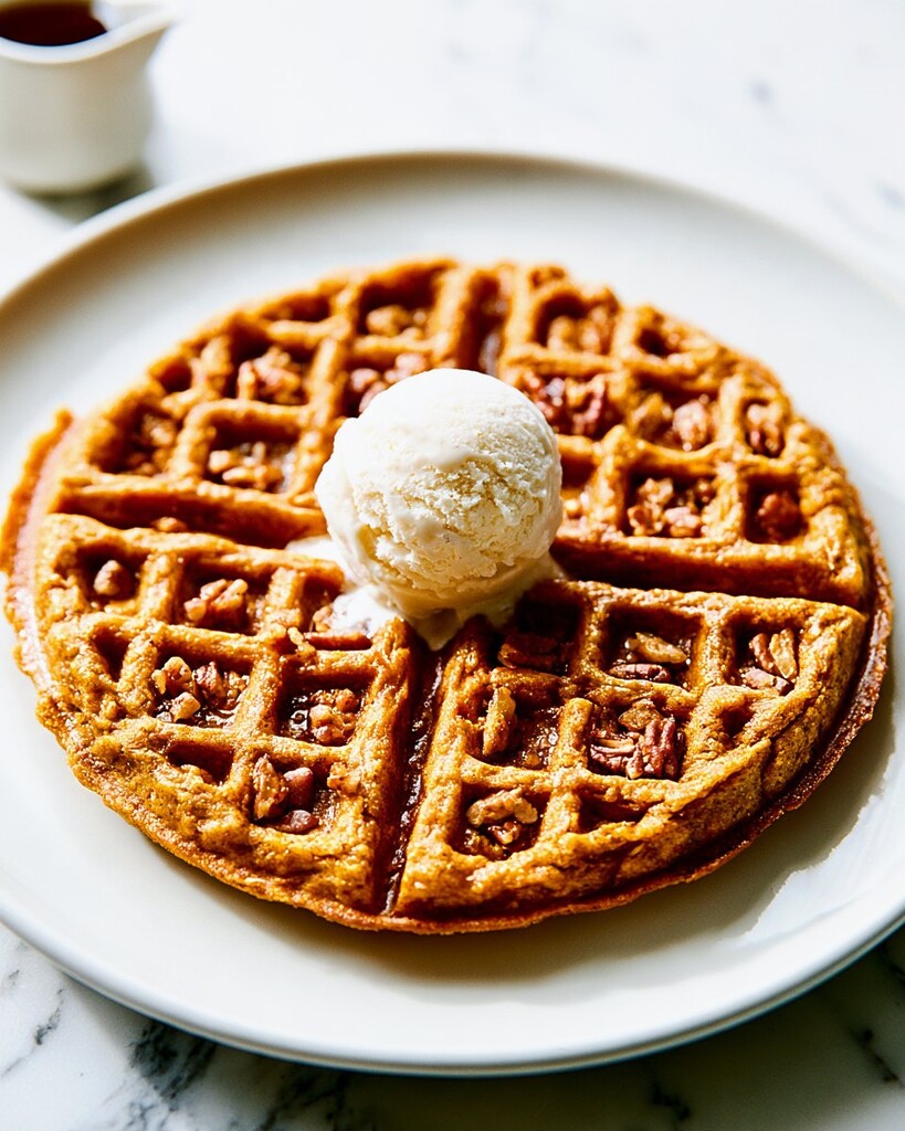 A golden pumpkin oat waffle with crispy edges on a white plate topped with a scoop of ice cream