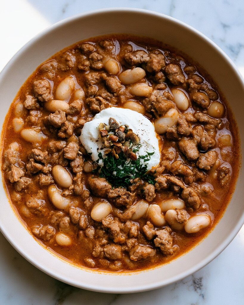 Overhead view of thick orange turkey chili garnished with pepitas, crema, and fresh herbs in a white bowl