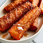 Roasted carrots on a serving platter with a glossy finish from hot honey and a sprinkle of coarse salt