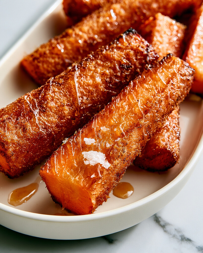 Roasted carrots on a serving platter with a glossy finish from hot honey and a sprinkle of coarse salt