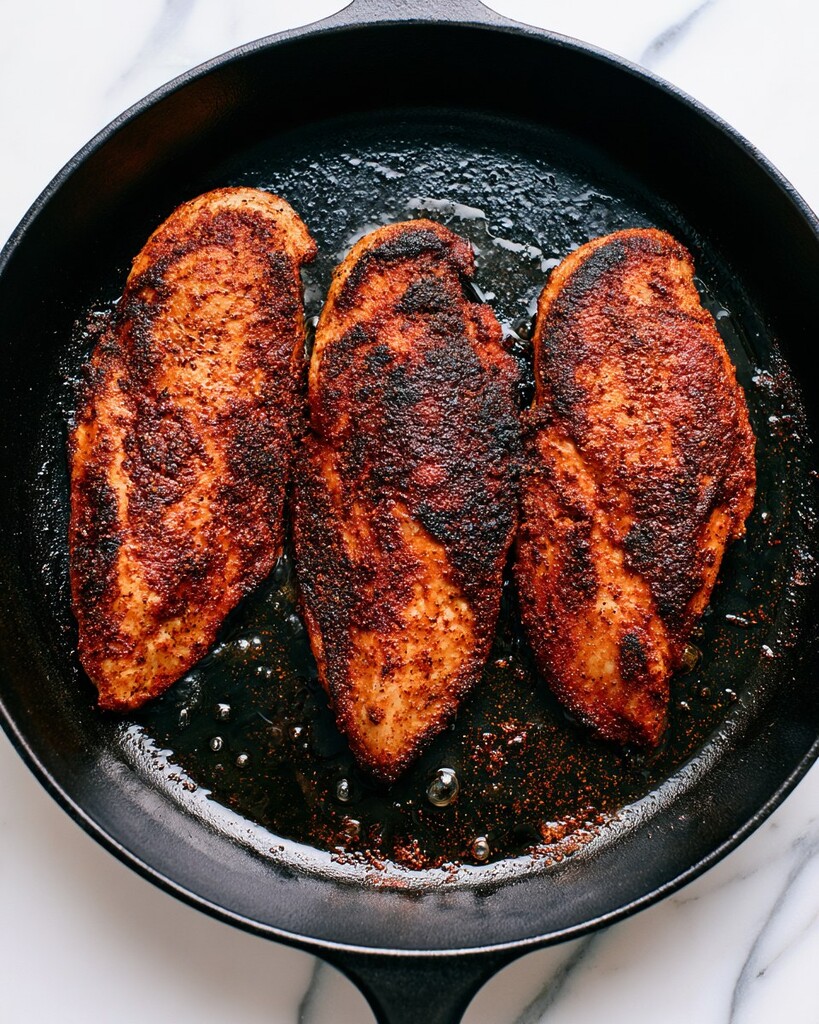 Spice-rubbed chicken cutlets searing in a dark skillet with a crisp crust