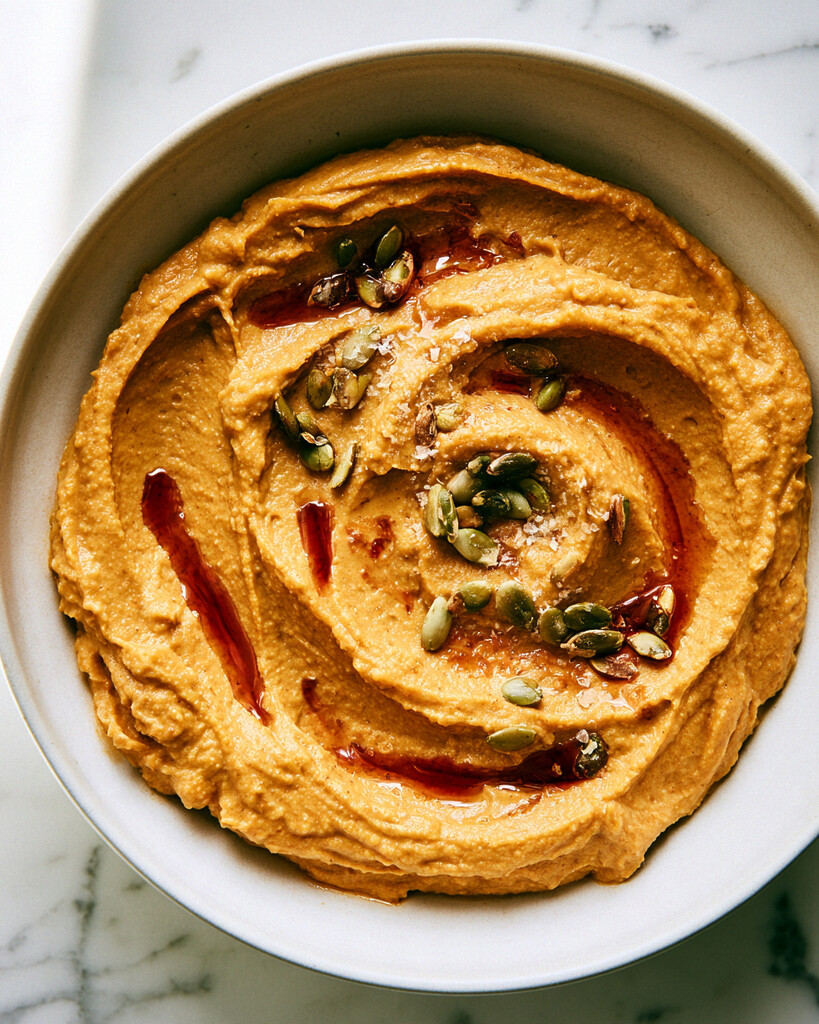 Smooth orange chipotle pumpkin hummus spread in a wide bowl with deep grooves, garnished with an adobo oil swirl and toasted pepitas