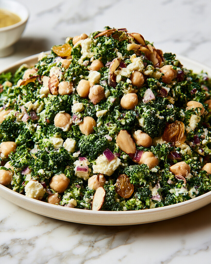 A dense chopped broccoli and chickpea salad with feta, almonds, and golden raisins in a light serving bowl.