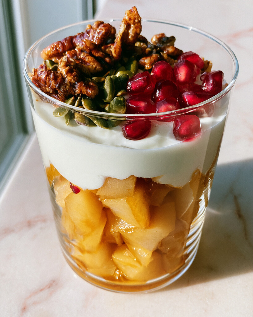 Golden cooked pears layered with thick yogurt and topped with nuts and pomegranate seeds