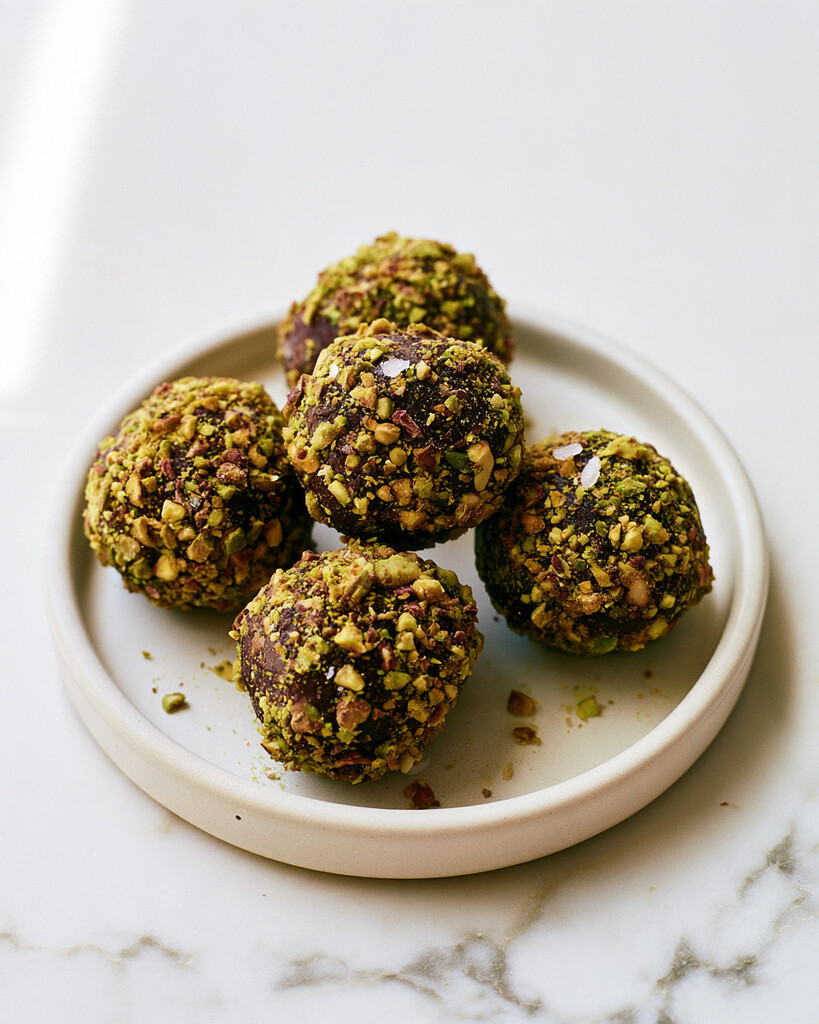 Finished dark chocolate-pistachio energy bites on a light plate dusted with flaky sea salt