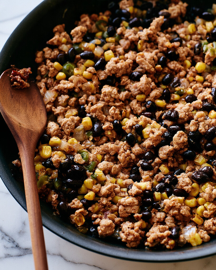 Ground turkey, black beans, and corn cooking in a skillet with a wooden spoon