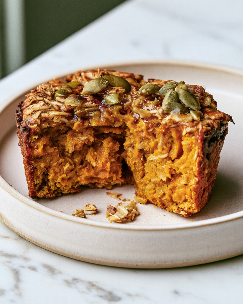 One pumpkin baked oatmeal cup cut open on a ceramic plate revealing a dense orange center